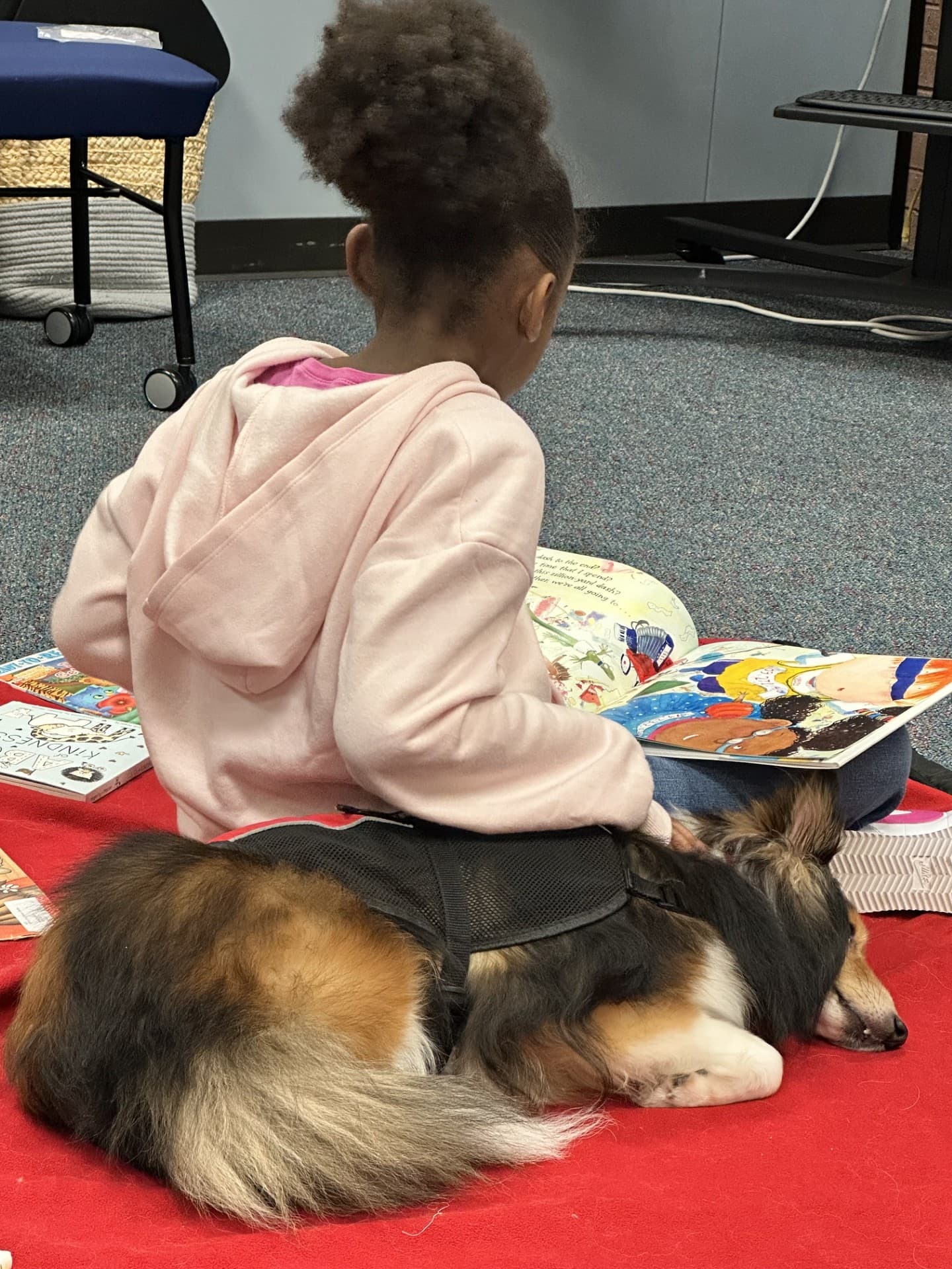 Sam listening to a young reader