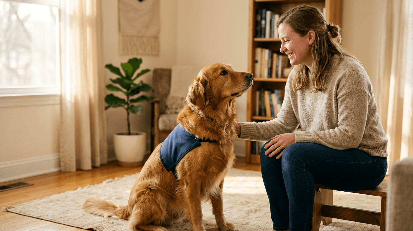 Therapy Golden Retriever in vest with handler