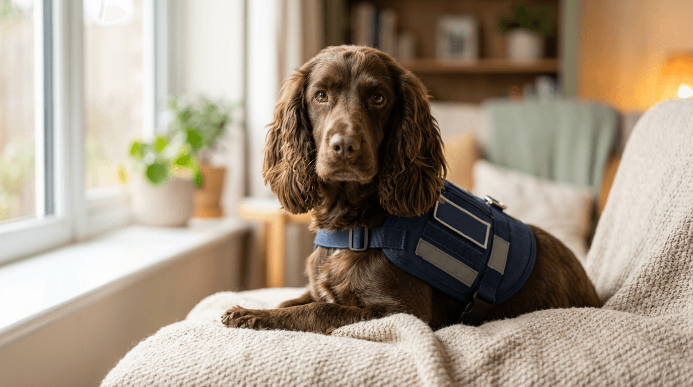 Brown therapy cocker spaniel in a vest, looking toward the camera