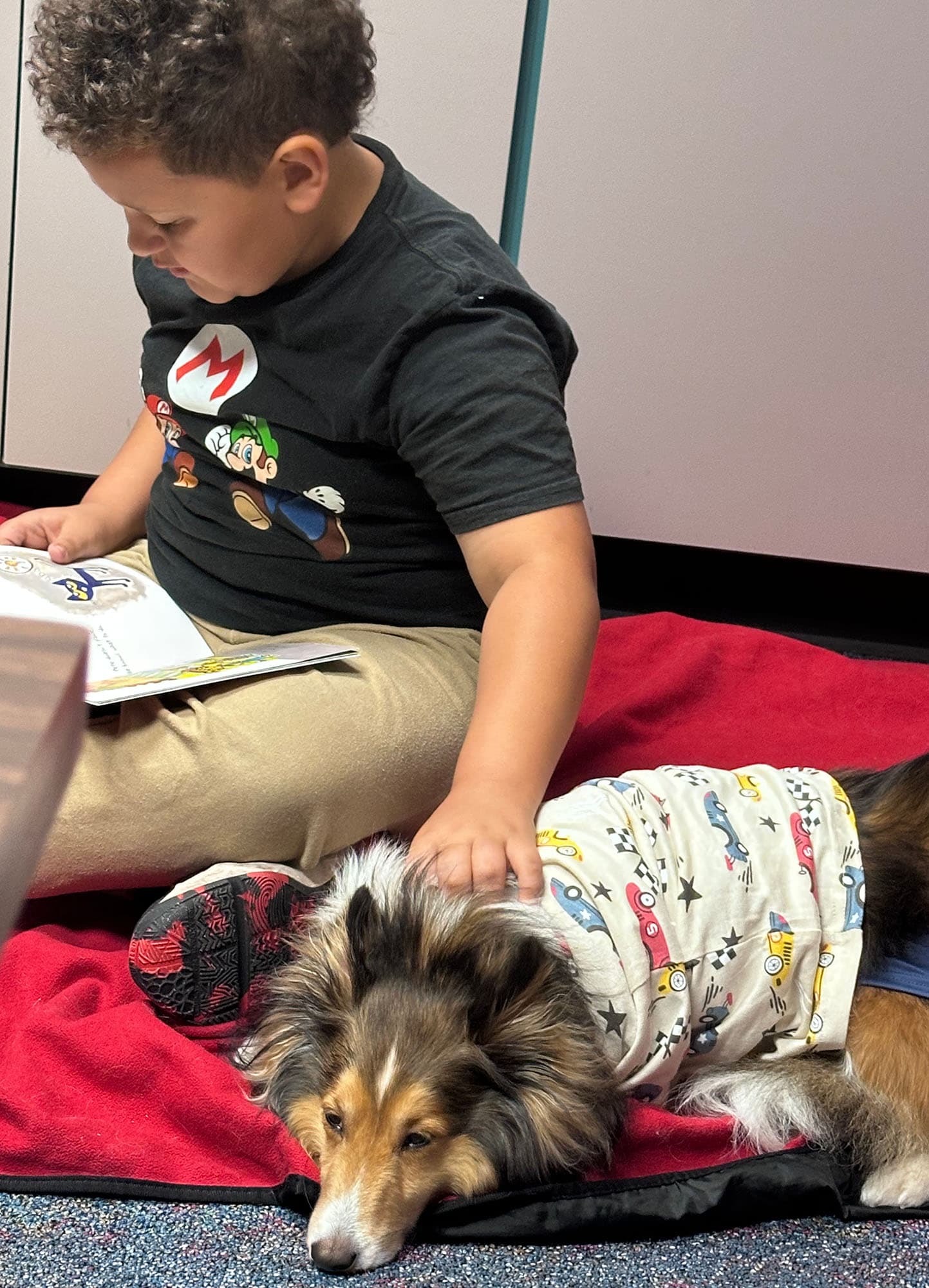 Therapy dog with a child during a comfort visit