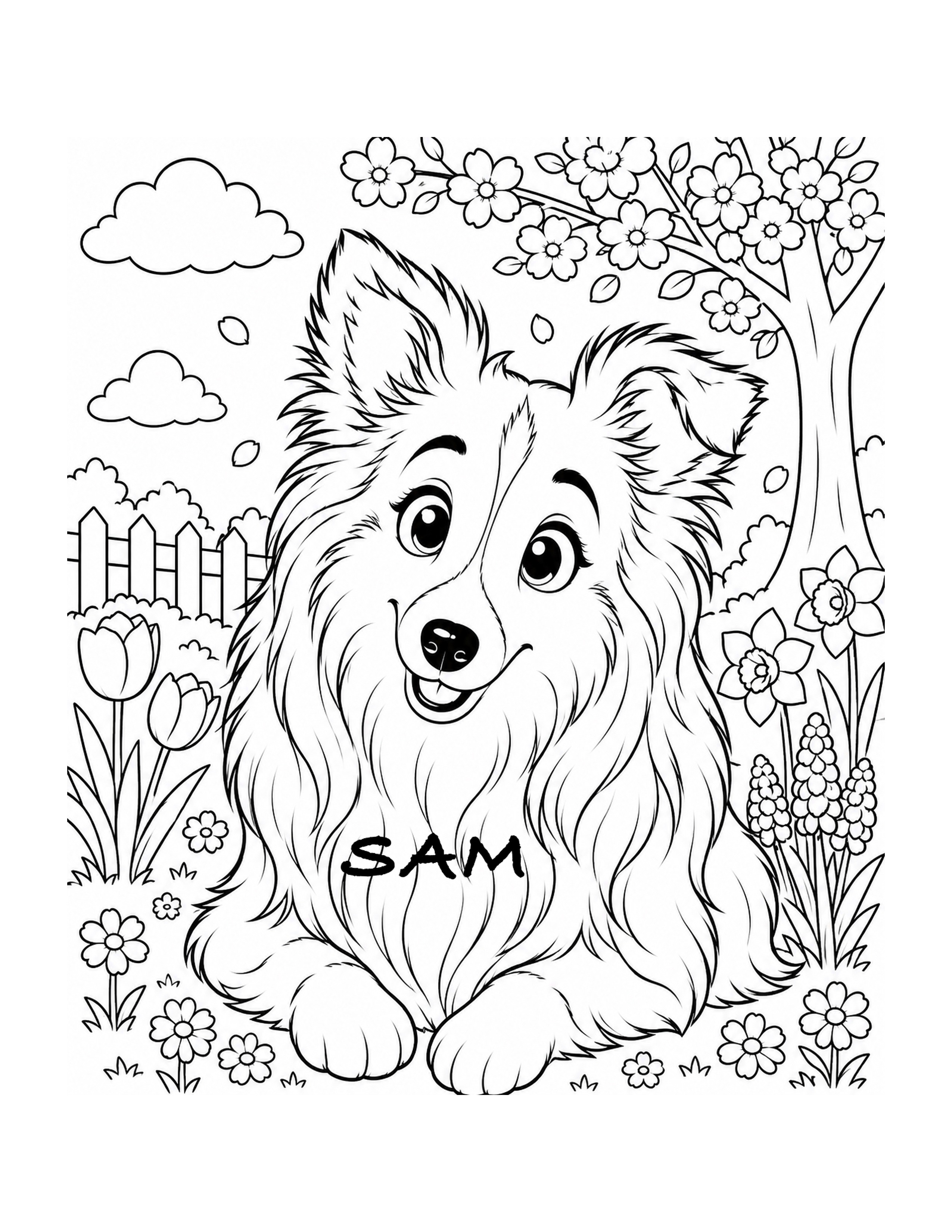 Sam the therapy dog — printable coloring page