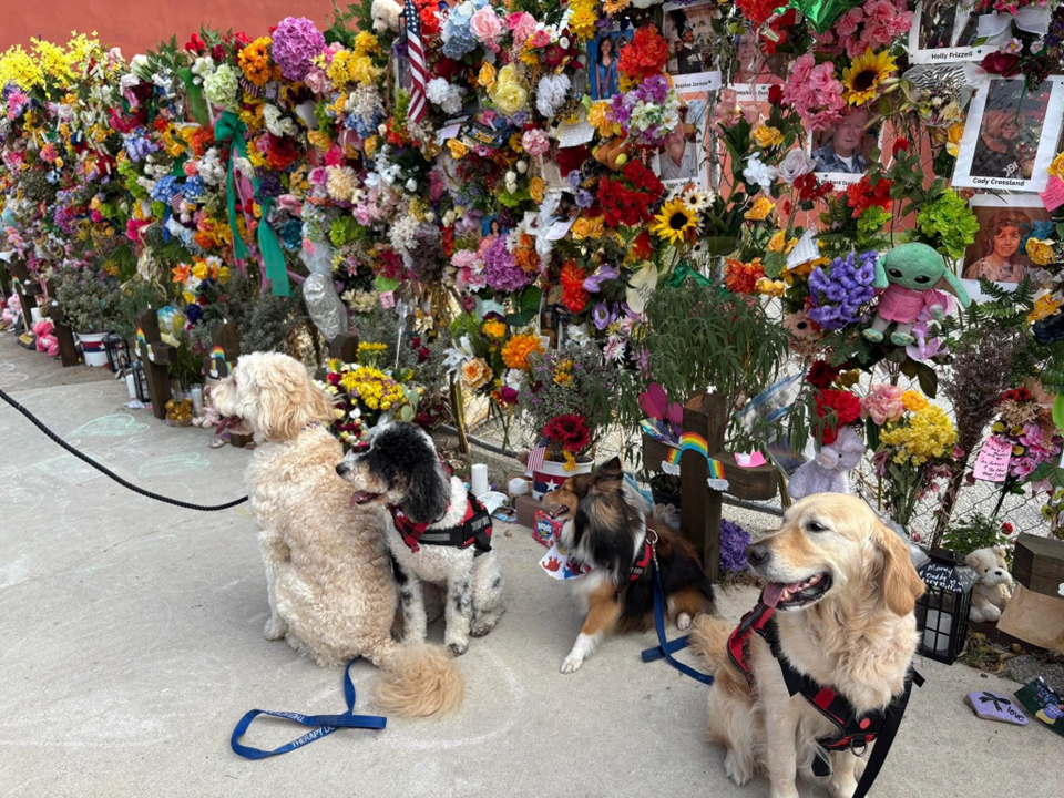 Memorial flowers in Kerrville after Hill Country flooding